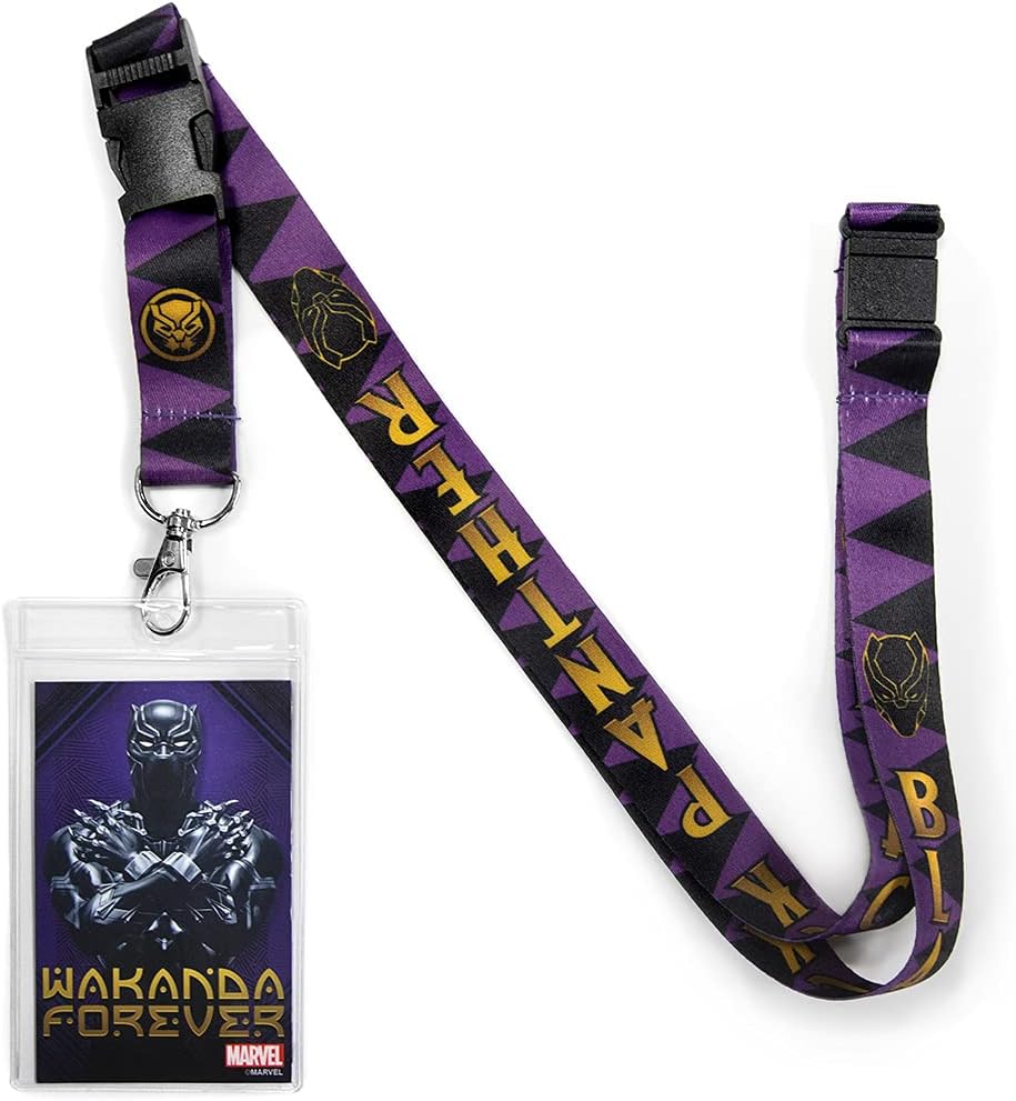 Marvels Black Panther Face and Name Lanyard with Logo Badge Holder