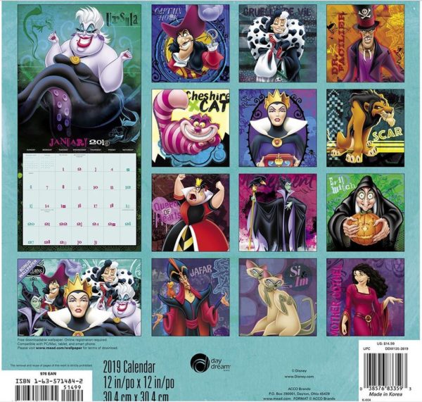 Walt Disney Villains Animation Art 16 Month 2019 Wall Calendar NEW